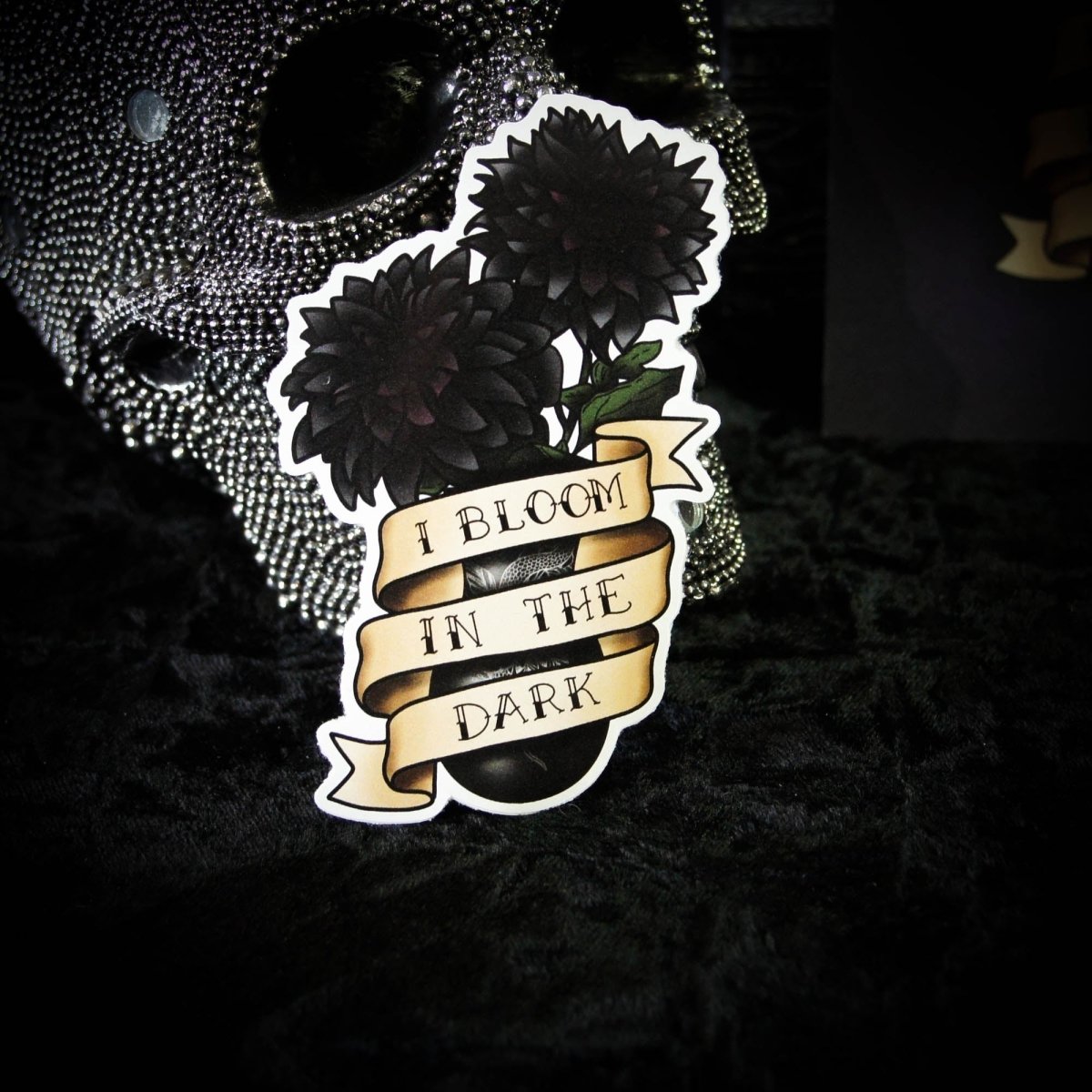 I Bloom In The Dark Black Dalia Flower Dark Academia Vinyl Sticker