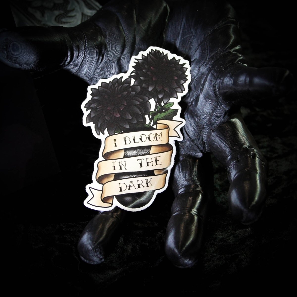 I Bloom In The Dark Black Dalia Flower Dark Academia Vinyl Sticker