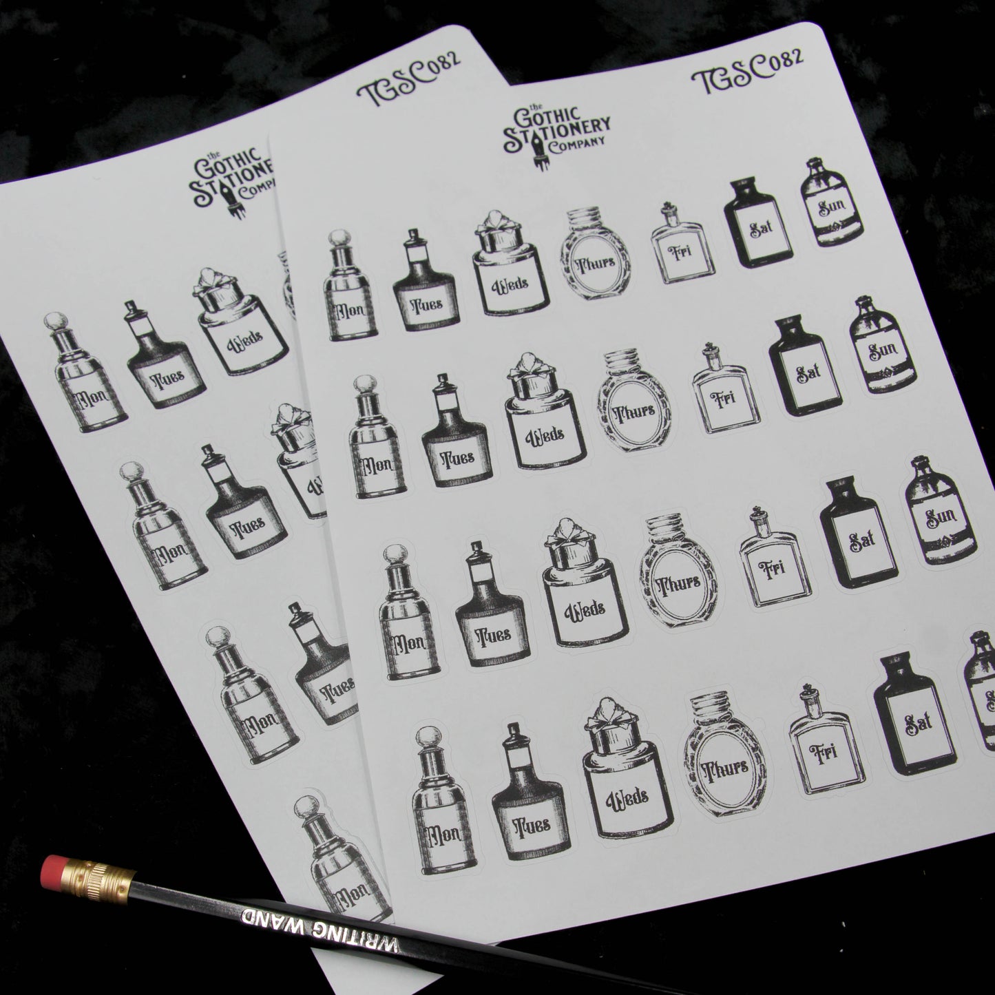 Apothecary Potion Bottle Planner Sticker Sheet with writing wand pencil