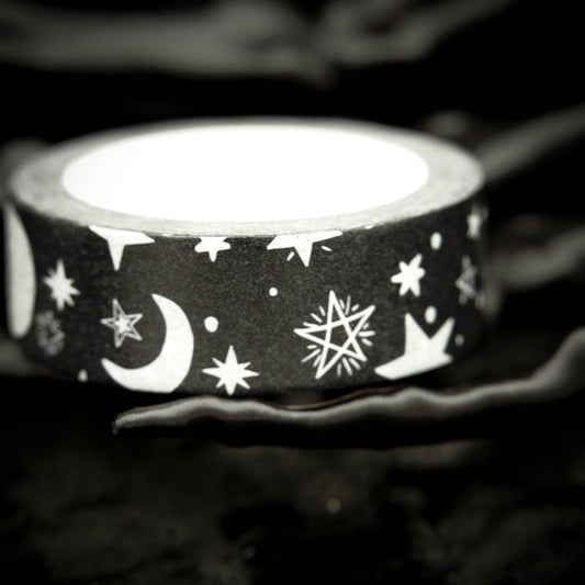 15mm Black & White Washi Tape - Moon, Stars, Snowflakes - silver