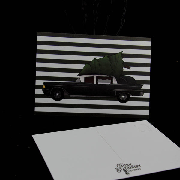 Impresión de postal de coche fúnebre de Navidad gótica