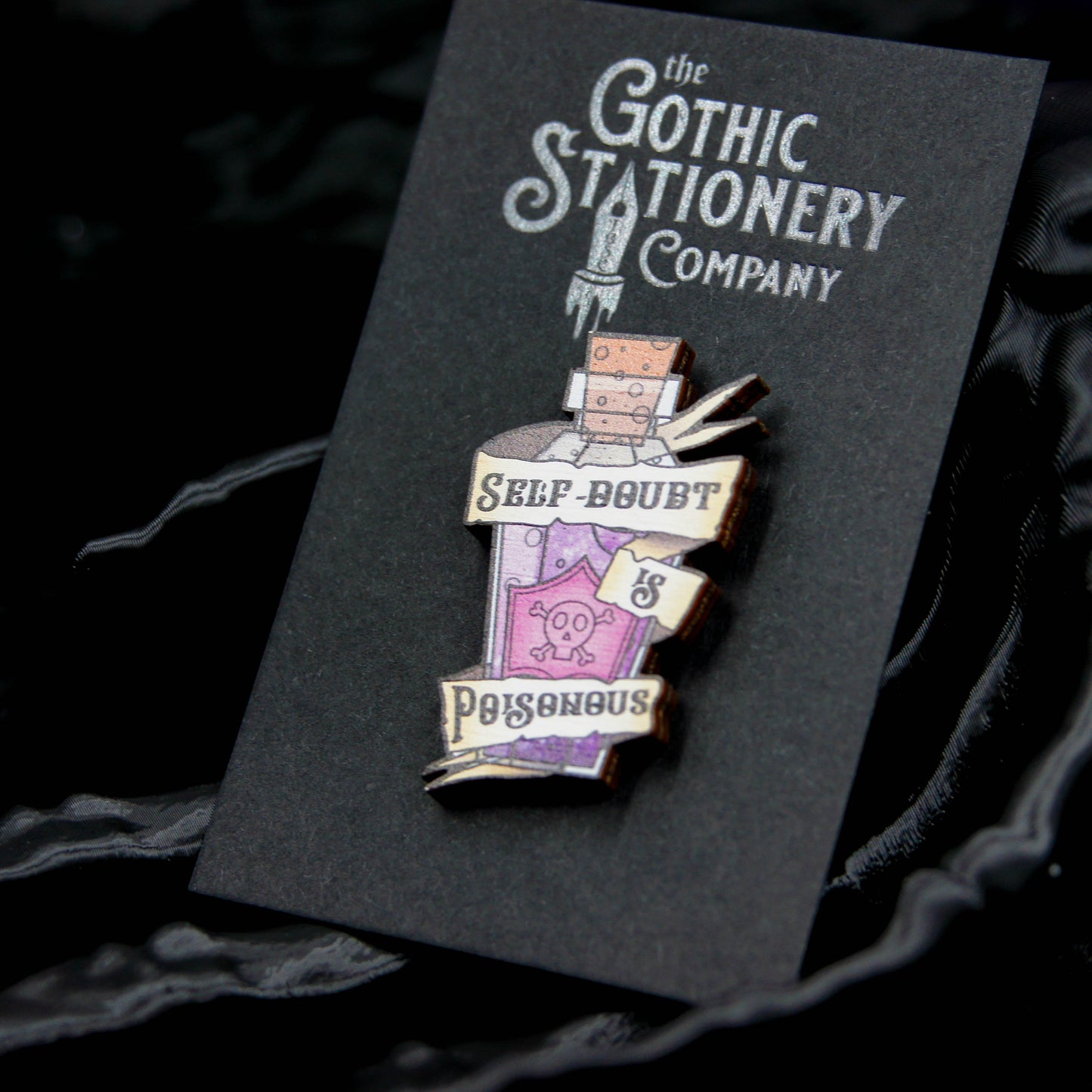 Poison Bottle Wooden Pin Badge | Amethyst Witch