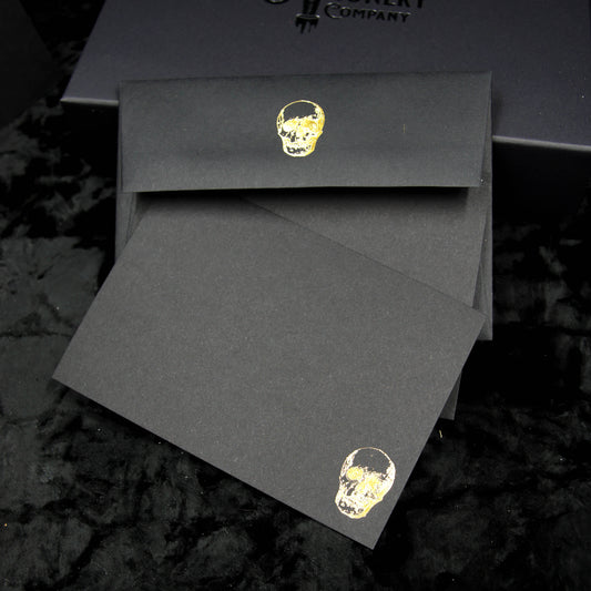 Conjunto de tarjetas de notas de calavera vintage | Elegantemente gótico | Juego de papelería gótica negra