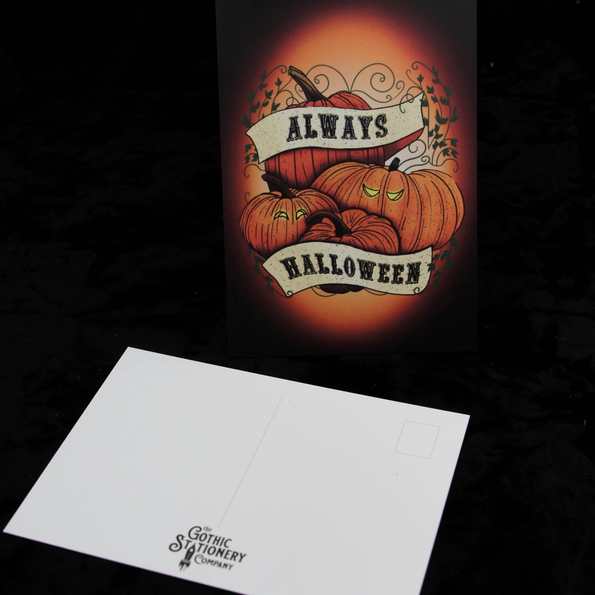 Always Halloween A6 Post card and an image of the back of the card