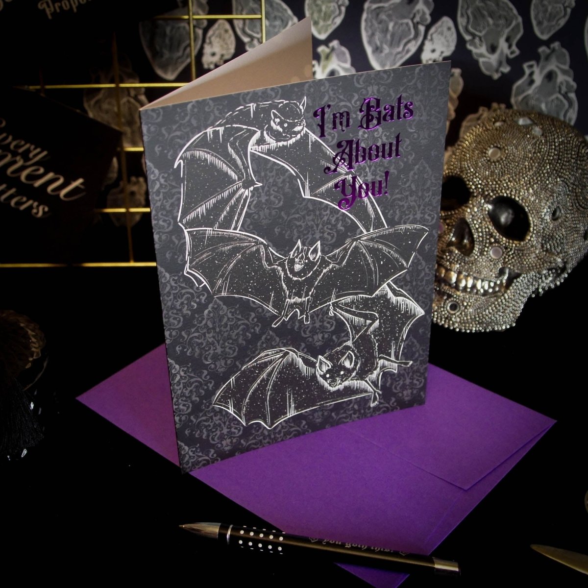 Elegant Gothic Card with Bats: 'Bats About You' Greetings Card