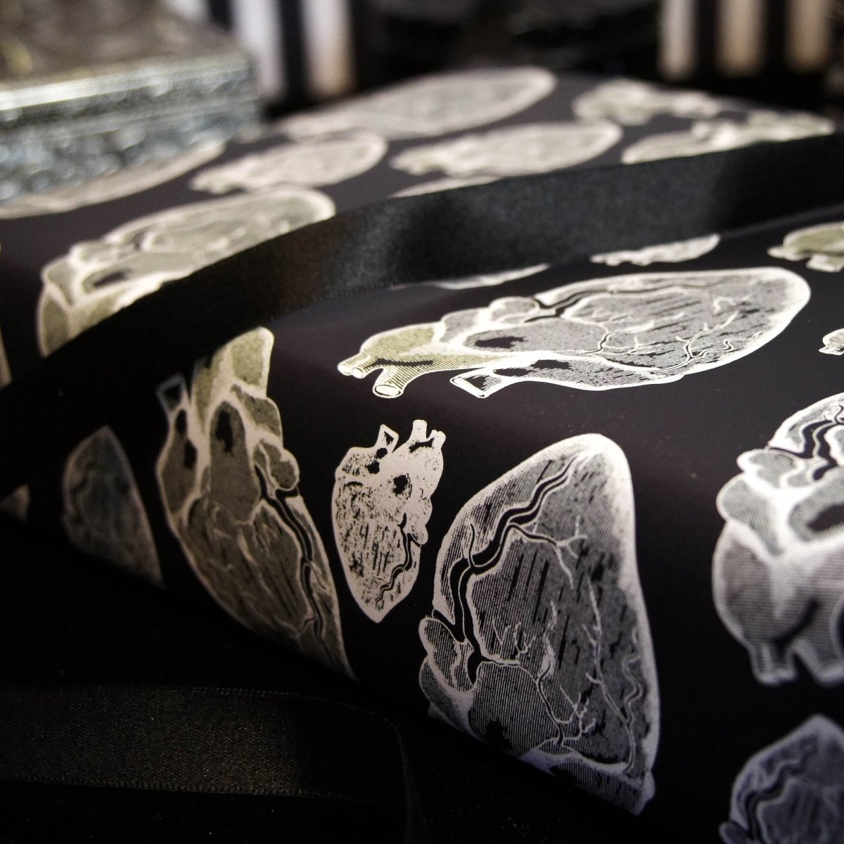 Black Anatomical Heart Wrapping Paper close up