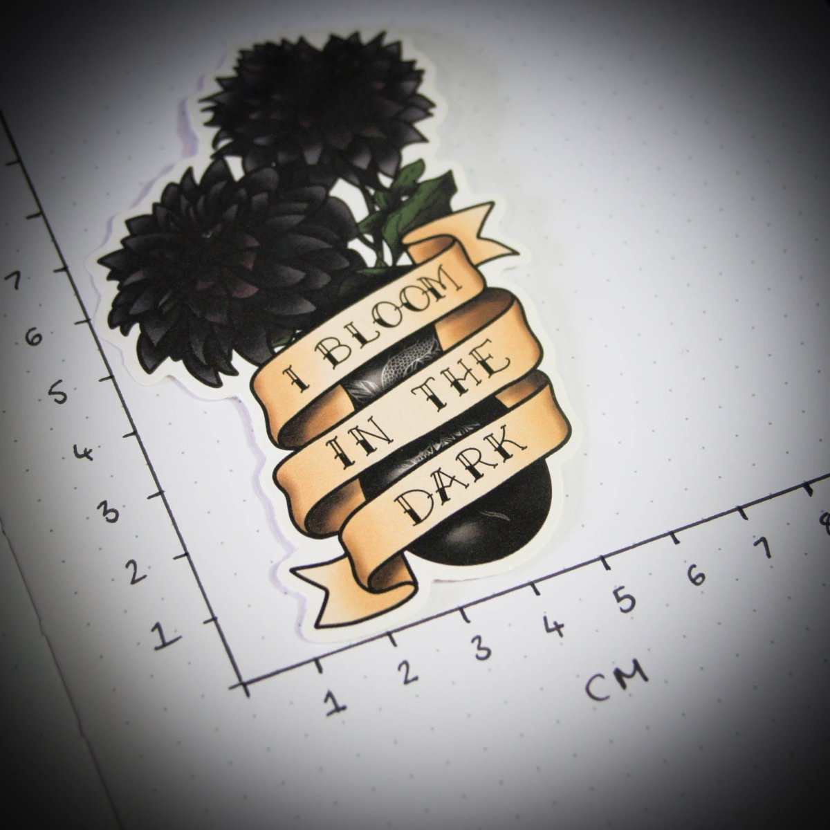 I Bloom In The Dark Black Dalia Flower Dark Academia Vinyl Sticker