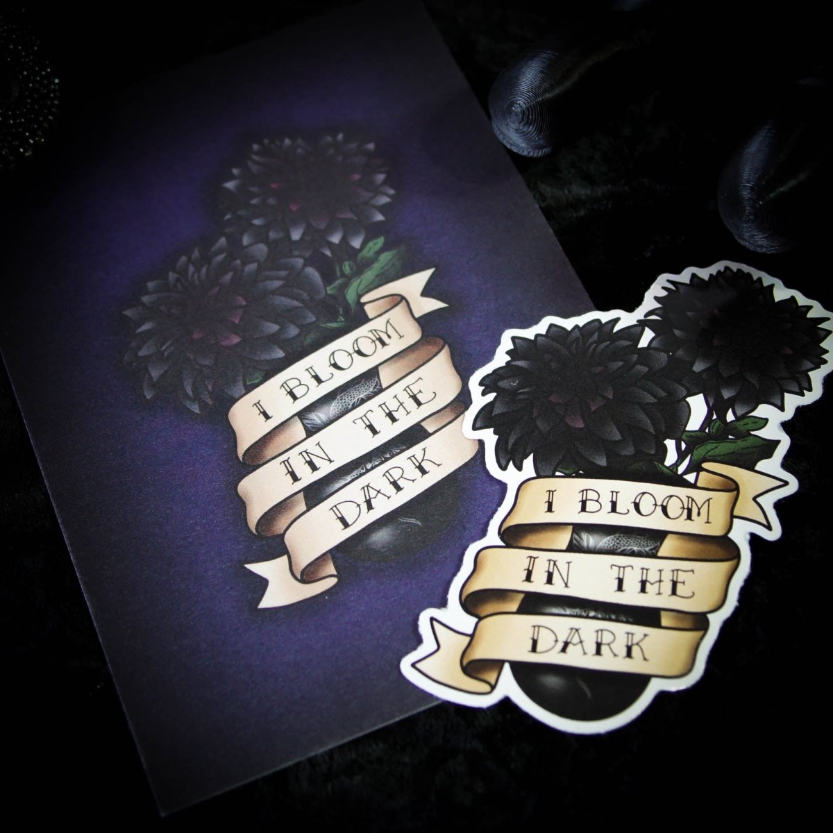 I Bloom In The Dark Black Dalia Flower Dark Academia Vinyl Sticker