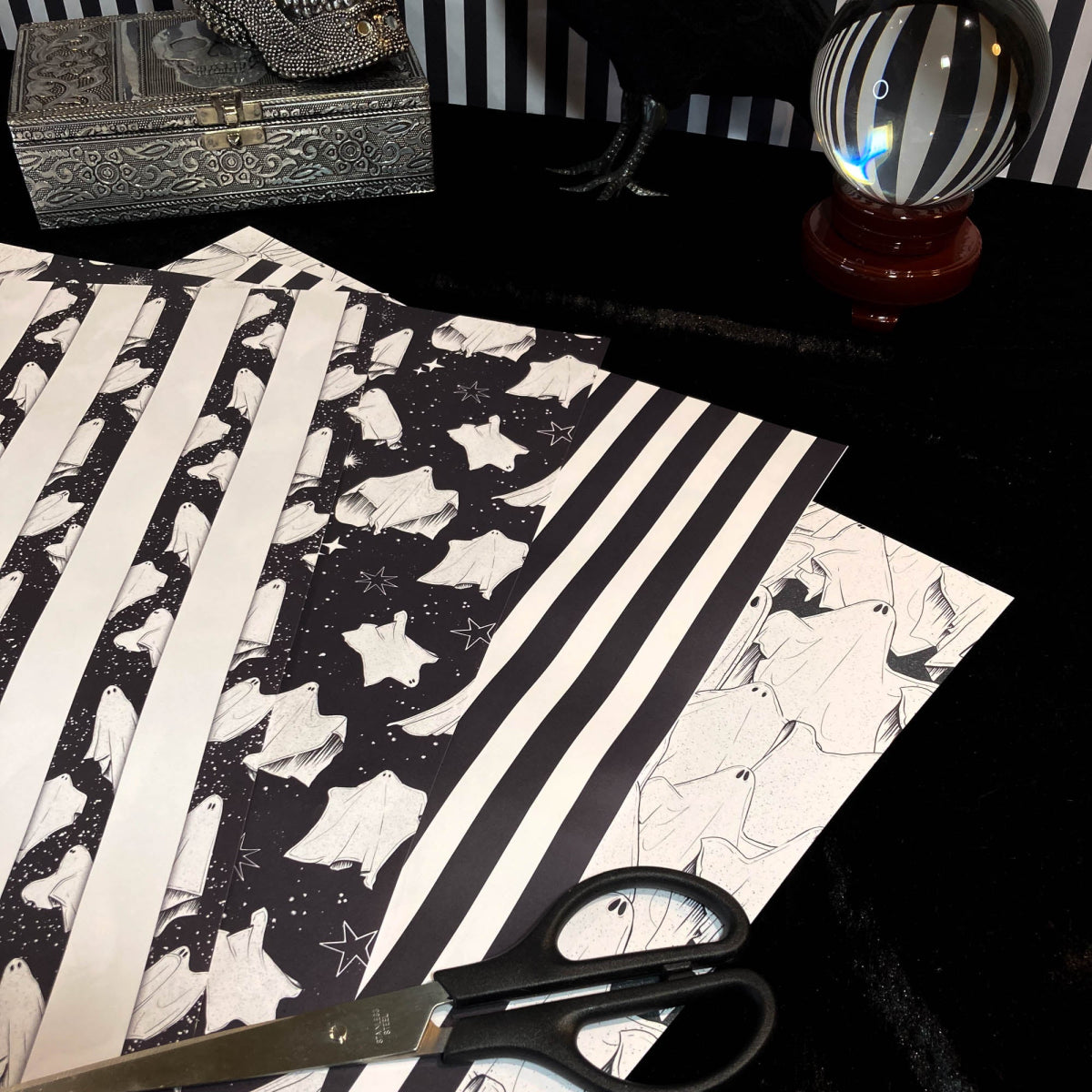 Monochrome Ghost Gift Wrap Pack - The Gothic Stationery Company - Gift Wrap