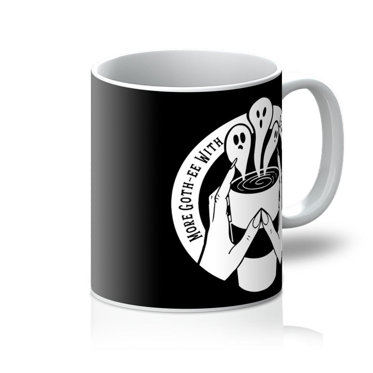 A close up of our black and white mug