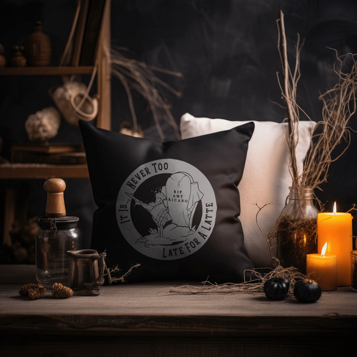 Never Too Late For A Latte Gothic Cushion - The Gothic Stationery Company - Homeware