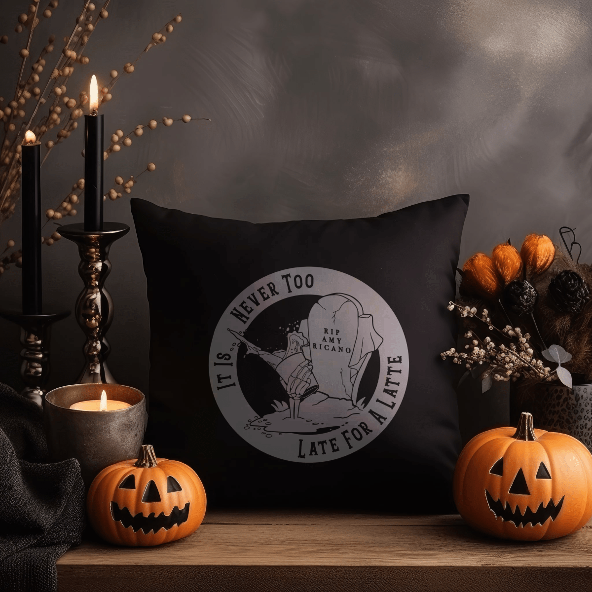 Never Too Late For A Latte Gothic Cushion - The Gothic Stationery Company - Homeware