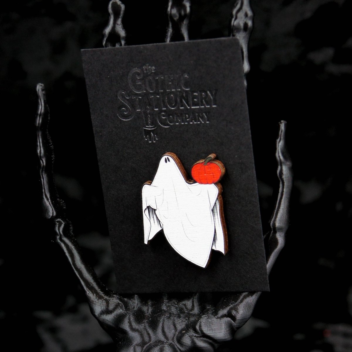 Pumpkin Ghost Wooden Pin Badge | Halloween Badge - The Gothic Stationery Company - Wooden Pin