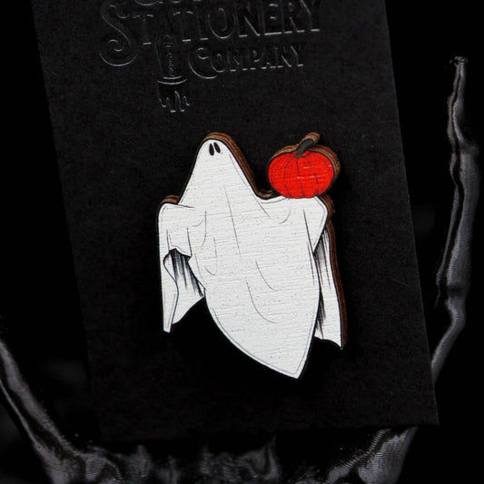 Pumpkin Ghost Wooden Pin Badge | Halloween Badge - The Gothic Stationery Company - Wooden Pin