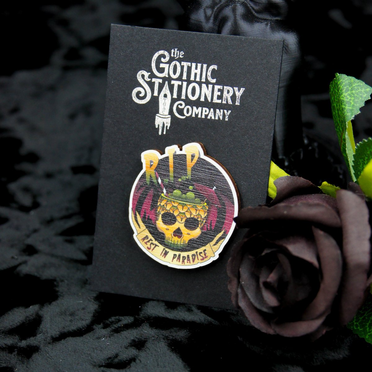 Rest In Paradise Pin Badge | Gothic Summer - The Gothic Stationery Company - Wooden Pin